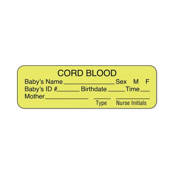 Lab Communication Label (Paper, Permanent) Cord Blood Babys  2 7/8"x7/8" Fluorescent Yellow - 1000 per Roll