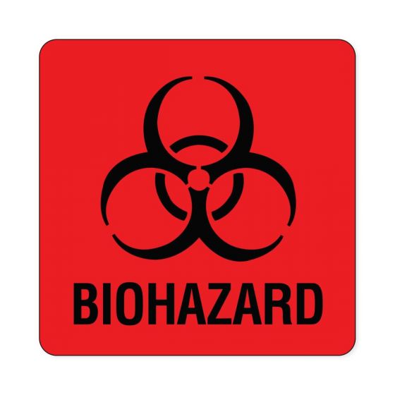 Hazard Label (Paper, Permanent) Biohazard 3"x3 Fluorescent Red - 500 Labels per Roll