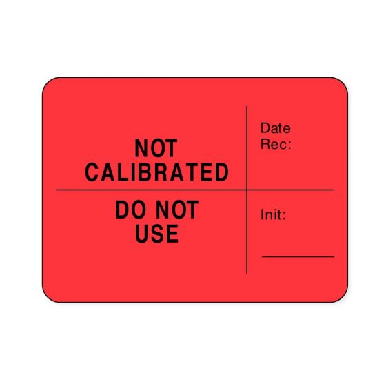Lab Communication Label (Paper, Permanent) Not Calibrated Do  2 3/8"x1 3/4" Fluorescent Red - 1000 per Roll