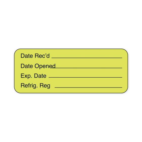 Lab Communication Label (Paper, Permanent) Date Recd ___  2 1/4"x7/8" Fluorescent Yellow - 1000 per Roll
