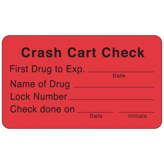 Communication Label (Paper, Permanent) Crash Cart Check 3" x 1 3/4" Fluorescent Red - 500 per Roll
