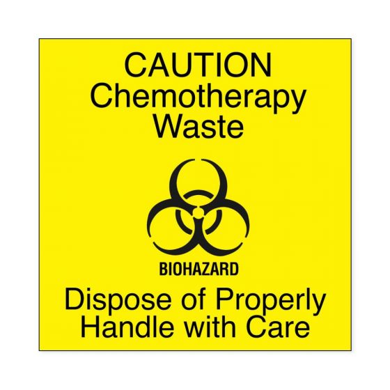 Hazard Label (Paper, Permanent) Caution Chemotherapy 4 1/2"x4 1/2" Yellow - 500 Labels per Roll