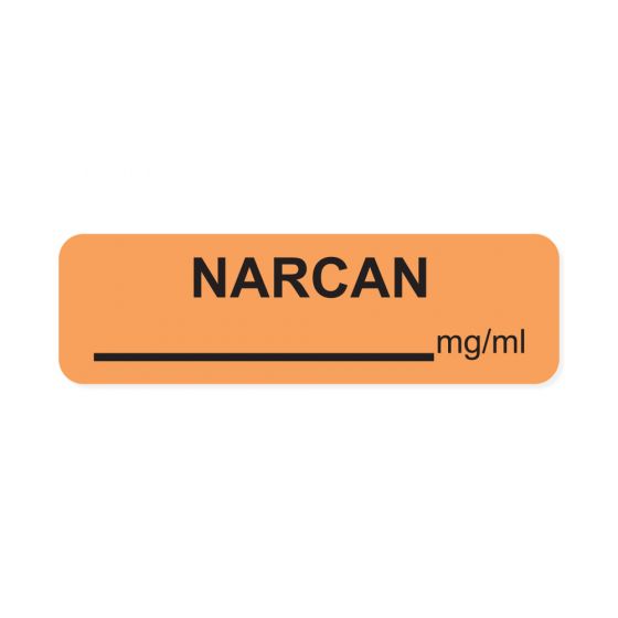 Anesthesia Label (Paper, Permanent) Narcan mg/ml 1 1/4" x 3/8" Fluorescent Orange - 1000 per Roll