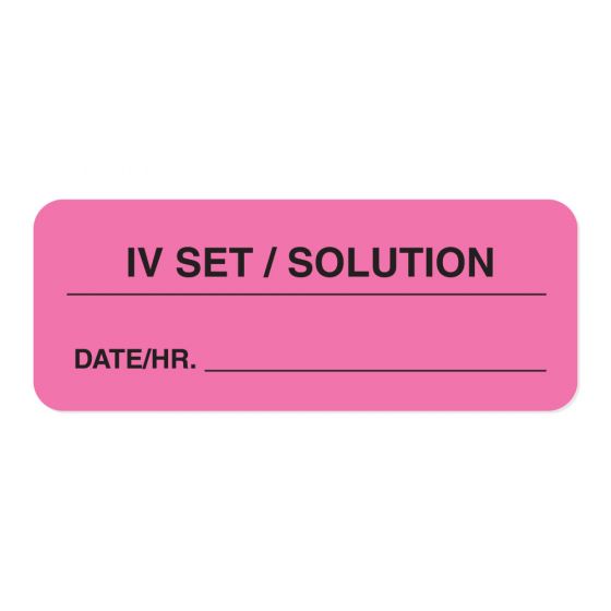 IV Label Paper Permanent IV Set / Solution  2 1/4"x7/8" Fl. Pink 1000 per Roll