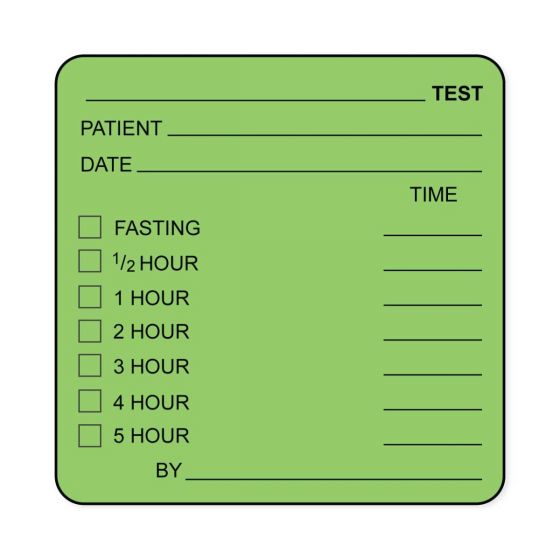 Lab Communication Label (Paper, Permanent) ___ Test Patient___  2 1/2"x2 1/2" Fluorescent Green - 500 per Roll