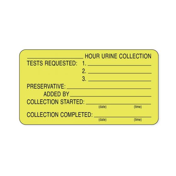Lab Communication Label (Paper, Permanent) ___ Hour Urine  3"x1 5/8" Fluorescent Yellow - 1000 per Roll
