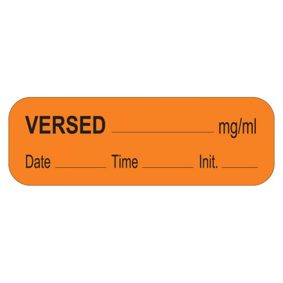 Anesthesia Label with Date, Time & Initial (Paper, Permanent) Versed mg/ml 1 1/2" x 1/2" Orange - 1000 per Roll