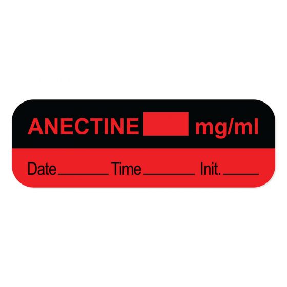 Anesthesia Label with Date, Time & Initial (Paper, Permanent) Anectine mg/ml 1-1/2" Core 1-1/2" x 1/2" Fluorescent Red and Black - 1000 per Roll