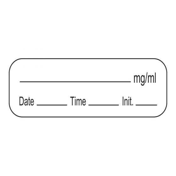 Anesthesia Label with Date, Time & Initial (Paper, Permanent) mg/ml 1 1/2" x 1/2" White - 1000 per Roll