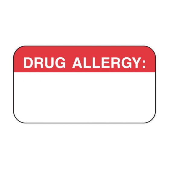 Label Paper Permanent Drug Allergy:  1-5/8"x7/8" White with Red 1000 per Roll