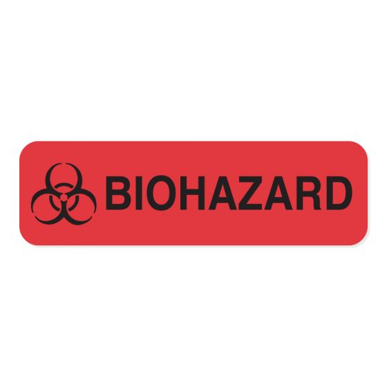Hazard Label (Paper, Permanent) Biohazard 1-1/4"x3/8" Fluorescent Red - 1000 Labels per Roll