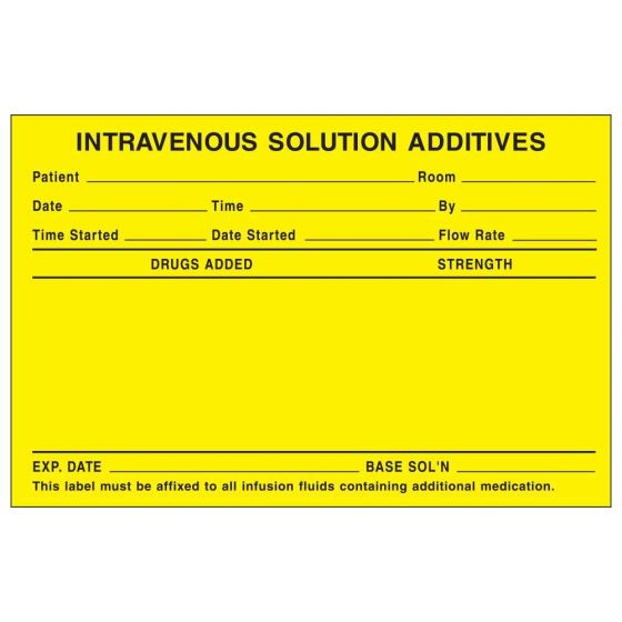 Label Paper Permanent Intravenous Solution, 3" Core 4" x 2 5/8", Fl. Yellow, 500 per Roll
