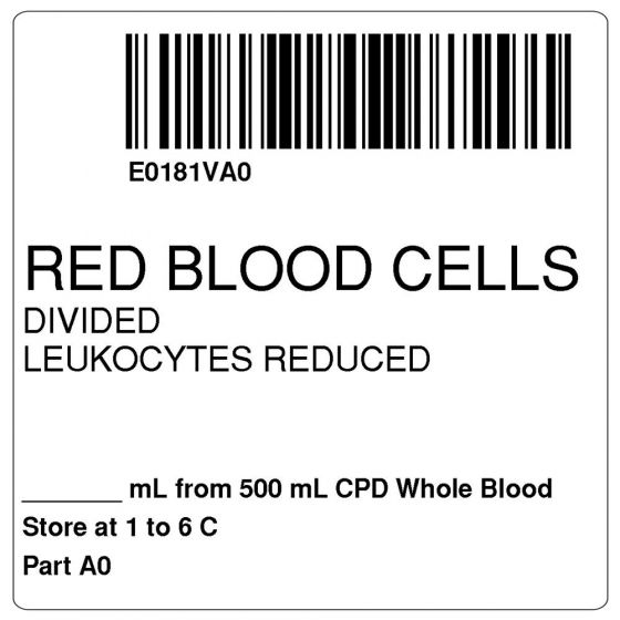 ISBT 128 Label (Synthetic, Permanent) "Red Blood Cells Divided"2"x2" White, - 500 per Roll