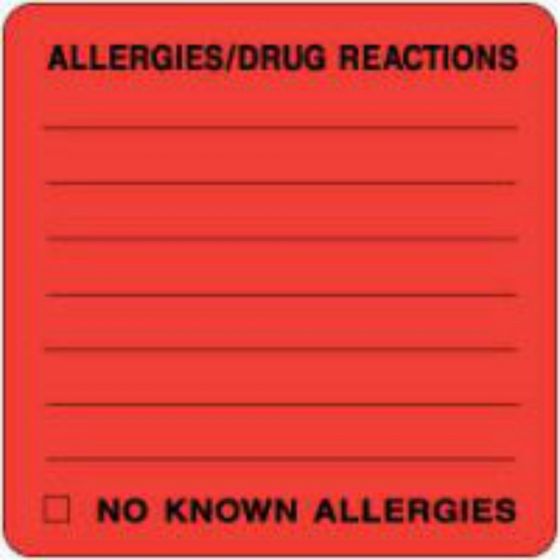 Label Paper Permanent Allergies/drug React 1 1/2" Core 2 1/2"x2 1/2" Red 500 per Roll