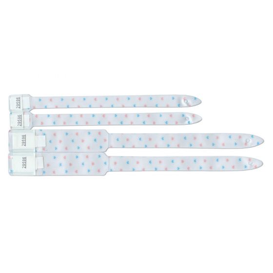 Soft-Lock® Insert Wristband Vinyl 4pt Mother, Father, Baby Set, Adhesive Closure 2-3/4" L x 7/8" H (Adult) 2-5/8" L x 3/8" H (Infant) White with Hearts, 400 per Box