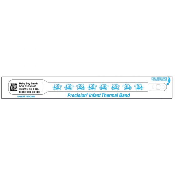 Precision® Thermal Wristband Adhesive Closure 3/4" x 7" Core 1-1/2" Infant White with Snuggy Bears, 400 per Box