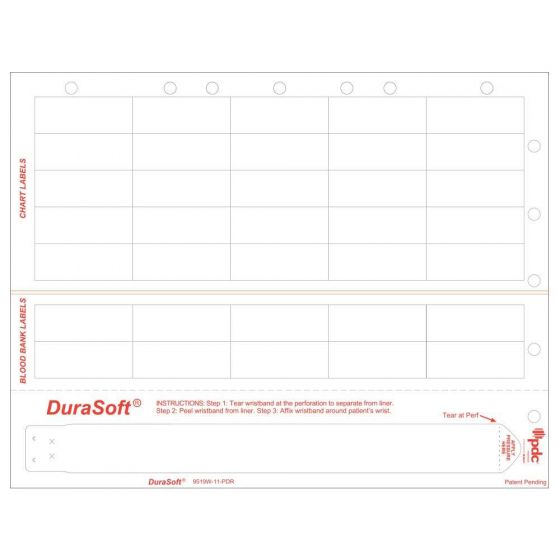DURASOFT® LASER WRISTBAND/LABEL WITH HOLES, TAMPER EVIDENT, PAPER, 2" X 3/4", ADULT/PEDI, WHITE, 35 LABELS PER SHEET, 4 PKS OF 250 SHEETS PER CASE