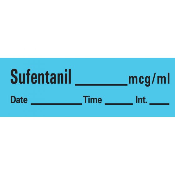 Anesthesia Tape with Date, Time & Initial (Removable) Sufentanil mcg/ml 1/2" x 500" - 333 Imprints - Blue - 500 Inches per Roll