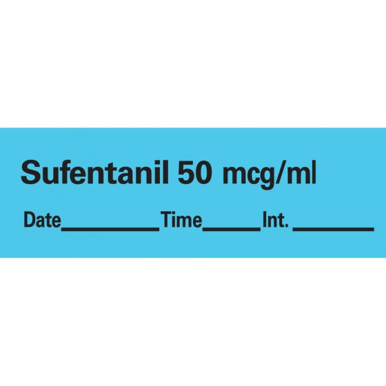 Anesthesia Tape with Date, Time & Initial (Removable) Sufentanil 50 mcg/ml 1/2" x 500" - 333 Imprints - Blue - 500 Inches per Roll