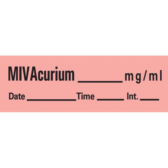 Anesthesia Tape with Date, Time & Initial (Removable) Mivacurium mg/ml 1/2" x 500" - 333 Imprints - Fluorescent Red - 500 Inches per Roll