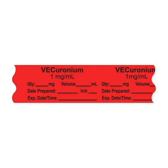 Anesthesia Tape, with Expiration Date, Time & Initial (Removable), "Vecuronium 1 mg/ml" 3/4" x 500", Fluorescent Red - 333 Imprints - 500 Inches per Roll