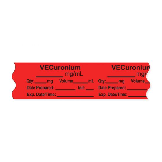 Anesthesia Tape, with Expiration Date, Time & Initial (Removable), "Vecuronium mg/ml" 3/4" x 500", Fluorescent Red - 333 Imprints - 500 Inches per Roll