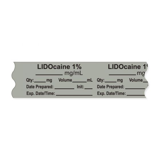 Anesthesia Tape, with Expiration Date, Time & Initial (Removable), "Lidocaine 1" 3/4" x 500", Gray - 333 Imprints - 500 Inches per Roll