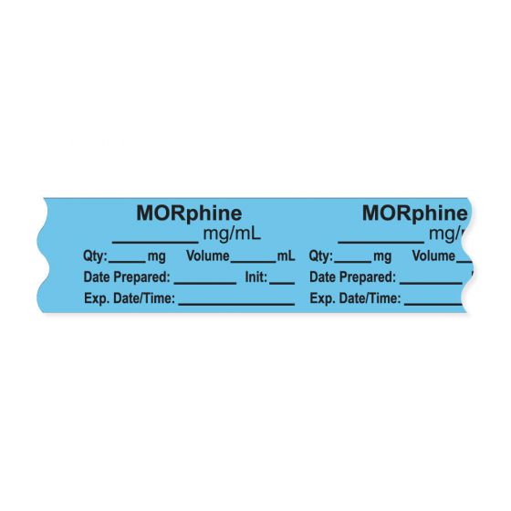 Anesthesia Tape, with Expiration Date, Time & Initial (Removable), "Morphine mg/ml" 3/4" x 500" Blue - 333 Imprints - 500 Inches per Roll