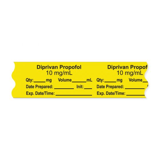 Anesthesia Tape, with Expiration Date, Time & Initial (Removable), "Diprivan Propofol 10 mg/ml" 3/4" x 500", Yellow - 333 Imprints - 500 Inches per Roll