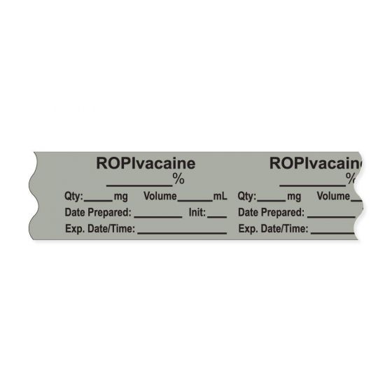 Anesthesia Tape, with Expiration Date, Time & Initial (Removable), "Ropivacaine %" 3/4" x 500", Gray - 333 Imprints - 500 Inches per Roll