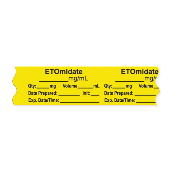 Anesthesia Tape, with Expiration Date, Time & Initial (Removable), "Etomidate mg/ml" 3/4" x 500", Yellow - 333 Imprints - 500 Inches per Roll