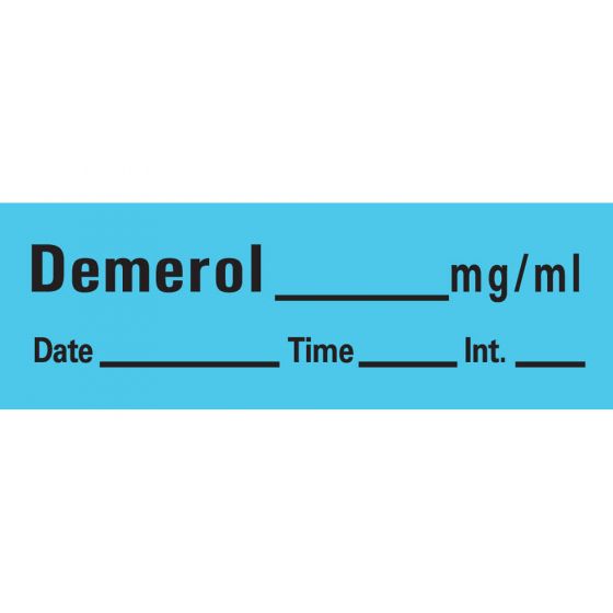 Anesthesia Tape with Date, Time & Initial (Removable) Demerol mg/ml 1/2" x 500" - 333 Imprints - Blue - 500 Inches per Roll