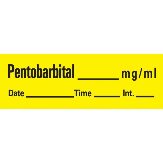 Anesthesia Tape with Date, Time & Initial (Removable) Pentobarbital mg/ml 1/2" x 500" - 333 Imprints - Yellow - 500 Inches per Roll