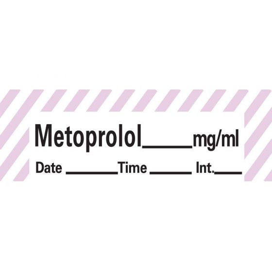 Anesthesia Tape with Date, Time & Initial (Removable) Metoprolol mg/ml 1/2" x 500" - 333 Imprints - White with Violet - 500 Inches per Roll