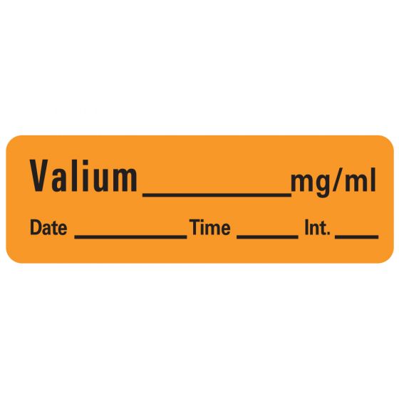 Anesthesia Label with Date, Time & Initial (Paper, Permanent) Valium mg/ml Date 1 1/2" x 1/2" Orange - 600 per Roll