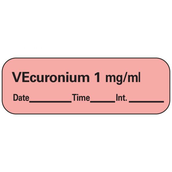 Anesthesia Label with Date, Time & Initial (Paper, Permanent) Vecuronium 1" mg/ml 1 1 1/2" x 1/2" Fluorescent Red - 600 per Roll