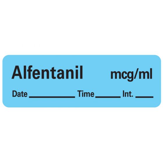 Anesthesia Label with Date, Time & Initial (Paper, Permanent) Alfentanil mcg/ml 1 1/2" x 1/2" Blue - 600 per Roll