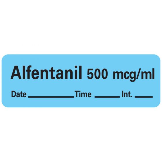Anesthesia Label with Date, Time & Initial (Paper, Permanent) Alfentanil 500 1 1/2" x 1/2" Blue - 600 per Roll
