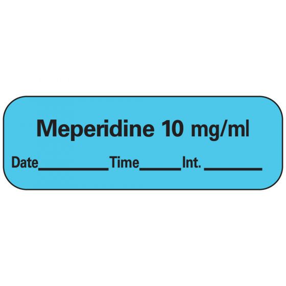 Anesthesia Label with Date, Time & Initial (Paper, Permanent) Meperidine 10 mg/ml 1 1 1/2" x 1/2" Blue - 600 per Roll