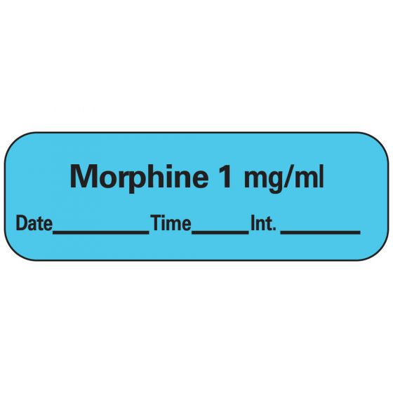 Anesthesia Label with Date, Time & Initial (Paper, Permanent) Morphine 1" mg/ml 1 1 1/2" x 1/2" Blue - 600 per Roll