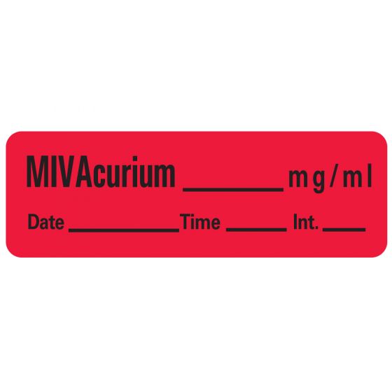 Anesthesia Label with Date, Time & Initial (Paper, Permanent) Mivacurium mg/ml 1 1/2" x 1/2" Fluorescent Red - 600 per Roll