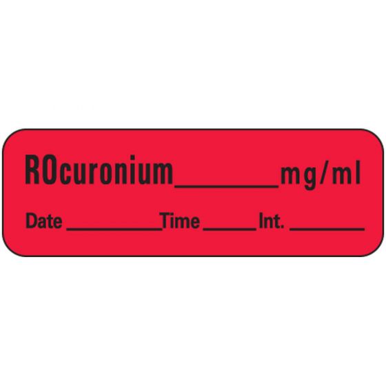 Anesthesia Label with Date, Time & Initial (Paper, Permanent) Rocuronium mg/ml 1 1/2" x 1/2" Fluorescent Red - 600 per Roll