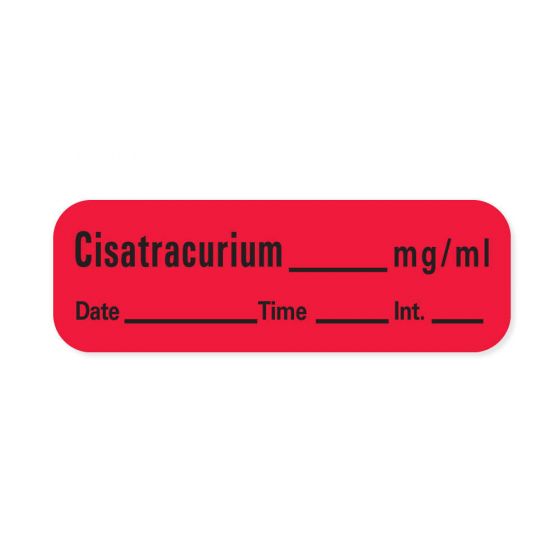 Anesthesia Label with Date, Time & Initial (Paper, Permanent) CisAtracurium mg/ml 1 1/2" x 1/2" Fluorescent Red - 600 per Roll