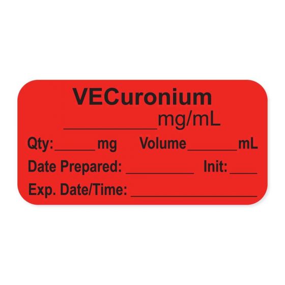Anesthesia Label, with Expiration Date, Time & Initial (Paper, Permanent) "Vecuronium mg/ml" 1-1/2" x 3/4", Fluorescent Red - 500 per Roll
