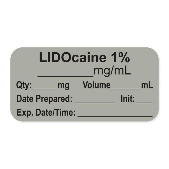 Anesthesia Label, with Expiration Date, Time & Initial (Paper, Permanent) "Lidocaine 1%" 1-1/2" x 3/4", Gray - 500 per Roll