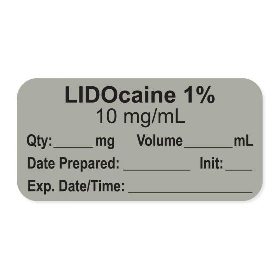 Anesthesia Label, with Expiration Date, Time & Initial (Paper, Permanent) "Lidocaine 1% 10 mg/ml" 1-1/2" x 3/4", Gray - 500 per Roll
