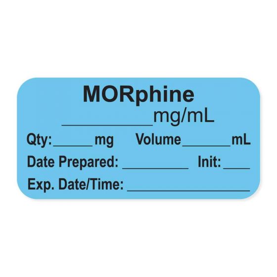 Anesthesia Label, with Expiration Date, Time & Initial (Paper, Permanent) "Morphine mg/ml" 1-1/2" x 3/4" Blue - 500 per Roll