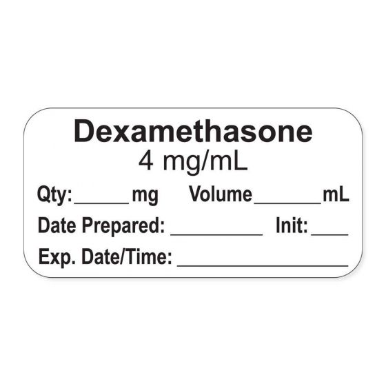 Anesthesia Label, with Expiration Date, Time & Initial (Paper, Permanent) "Dexamethasone 4 mg/ml" 1-1/2" x 3/4" White - 500 per Roll