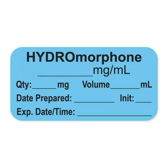 Anesthesia Label, with Expiration Date, Time & Initial (Paper, Permanent) "Hydromorphone mg/ml" 1-1/2" x 3/4" Blue - 500 per Roll