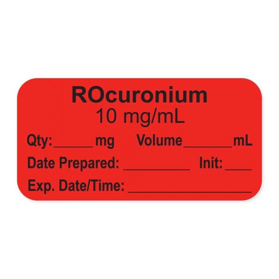 Anesthesia Label, with Expiration Date, Time & Initial (Paper, Permanent) "Rocuronium 10 mg/ml" 1-1/2" x 3/4", Fluorescent Red - 500 per Roll